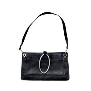 DKNY Women's Shoulder Bag Purse Black Leather Silver Tone Oval Buckle Closure